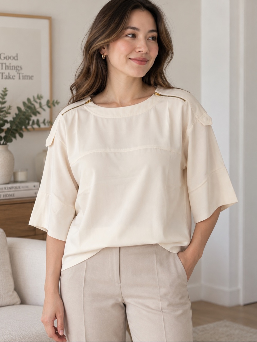 NWT Irene de Nouvelle Cream Oversized Short-Sleeve Shirt with Shoulder Zippers
